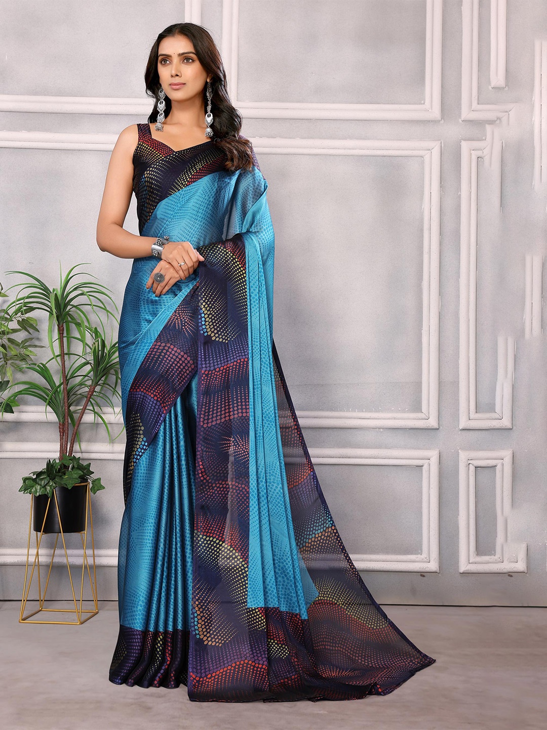 

HERE&NOW Blue Geometric Printed Pure Chiffon Saree