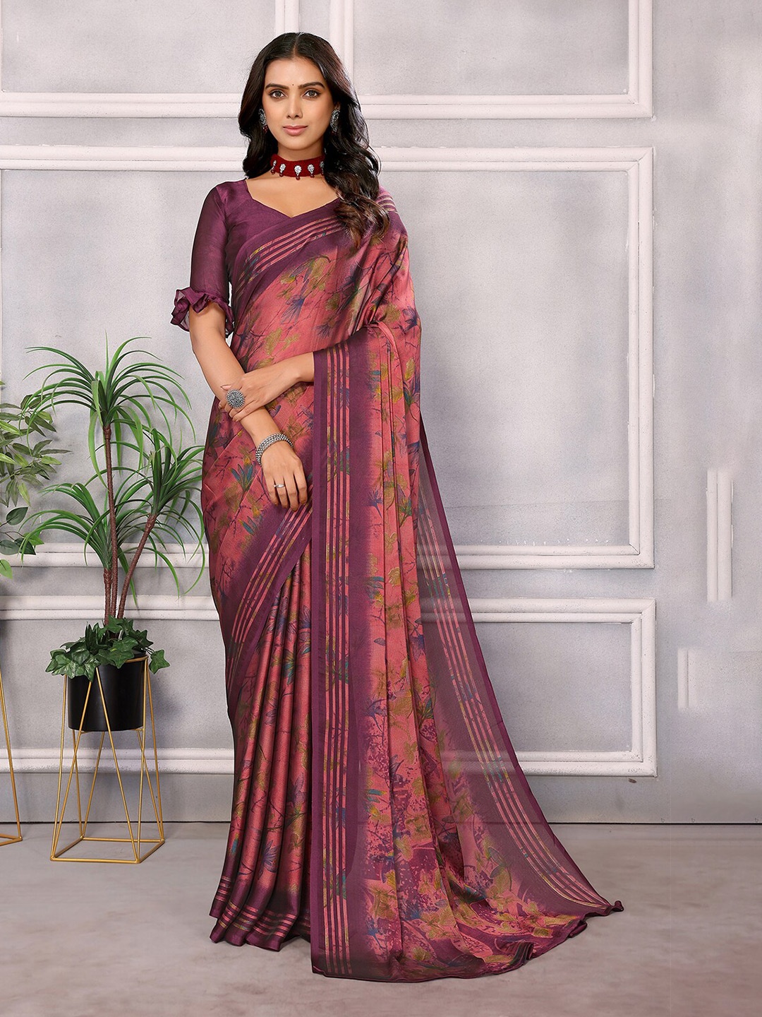 

HERE&NOW Pink Floral Printed Pure Chiffon Saree
