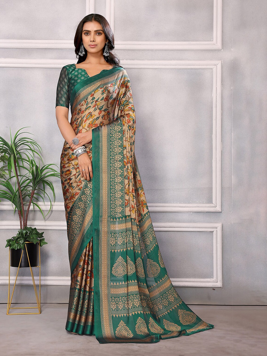 

HERE&NOW Floral Printed Pure Chiffon Saree, Beige