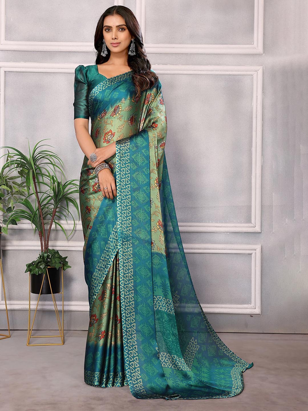 

HERE&NOW Teal Floral Printed Pure Chiffon Saree