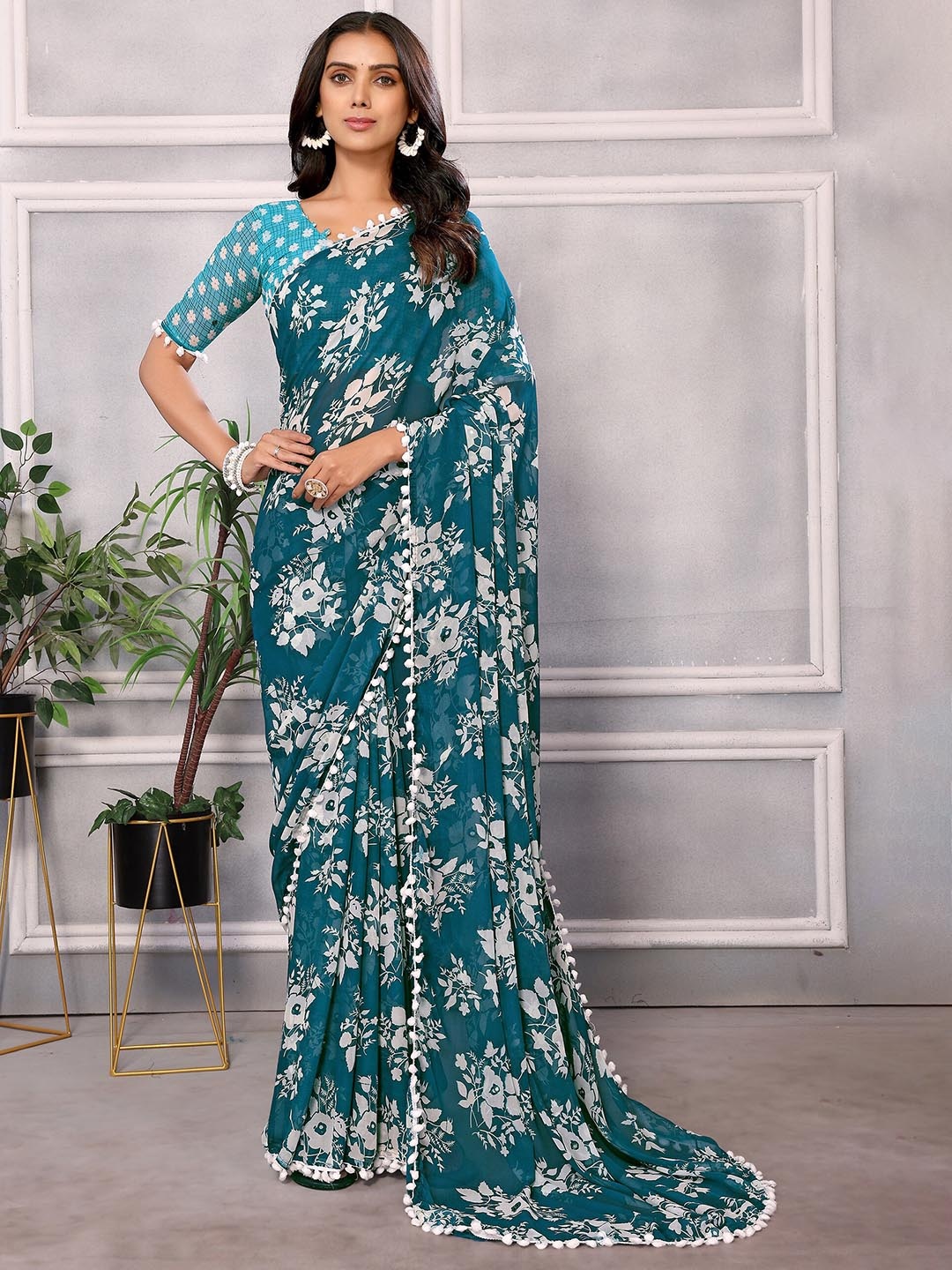 

HERE&NOW Teal Floral Printed Pure Chiffon Saree