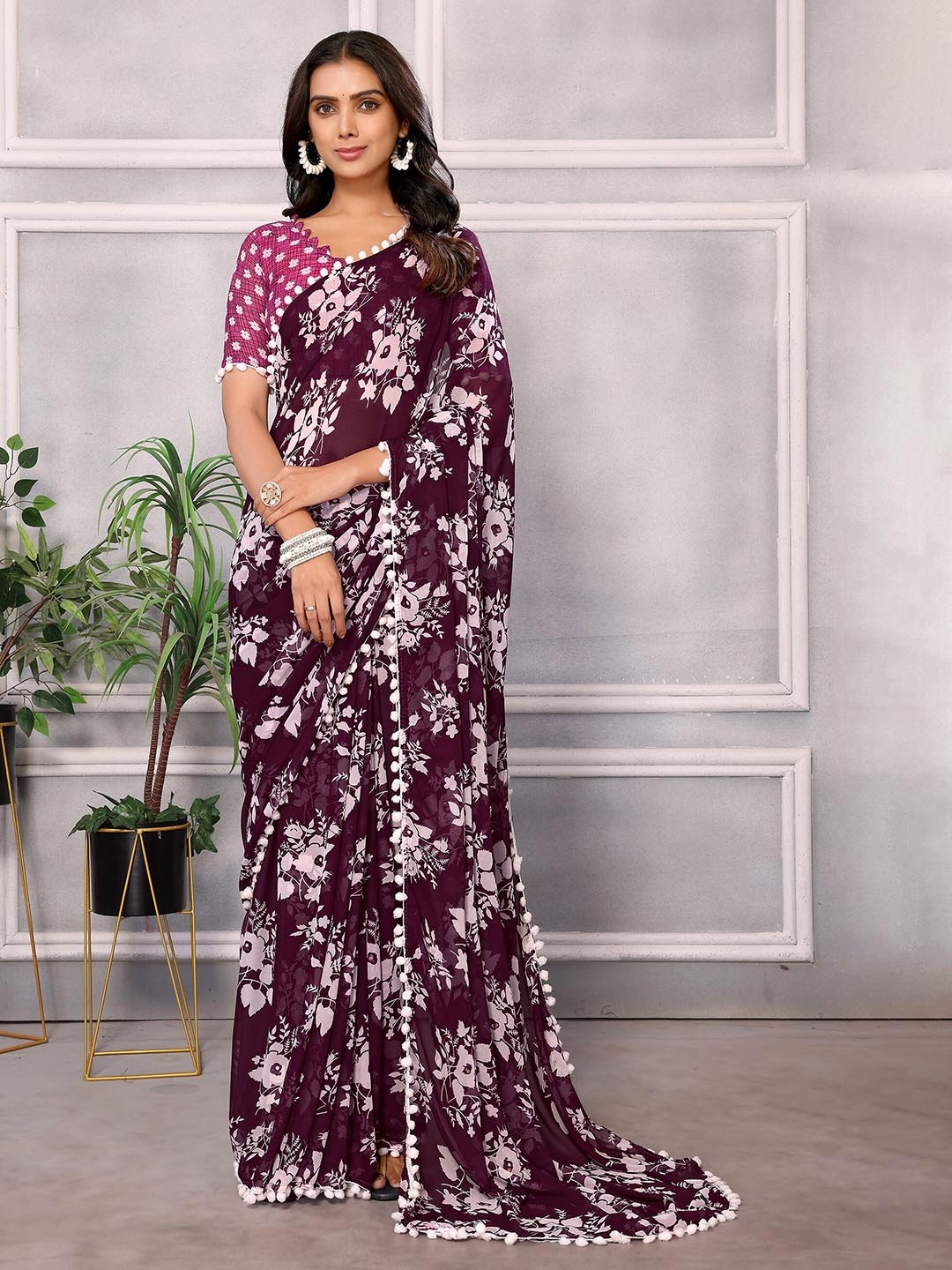 

HERE&NOW Purple Floral Printed Embroidered Pure Chiffon Saree