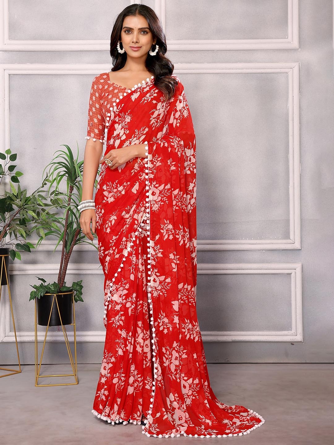 

HERE&NOW Red Floral Printed Pure Chiffon Saree
