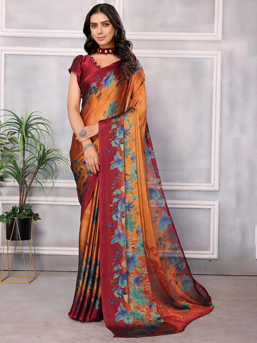 

HERE&NOW Floral Printed Pure Chiffon Saree, Mustard
