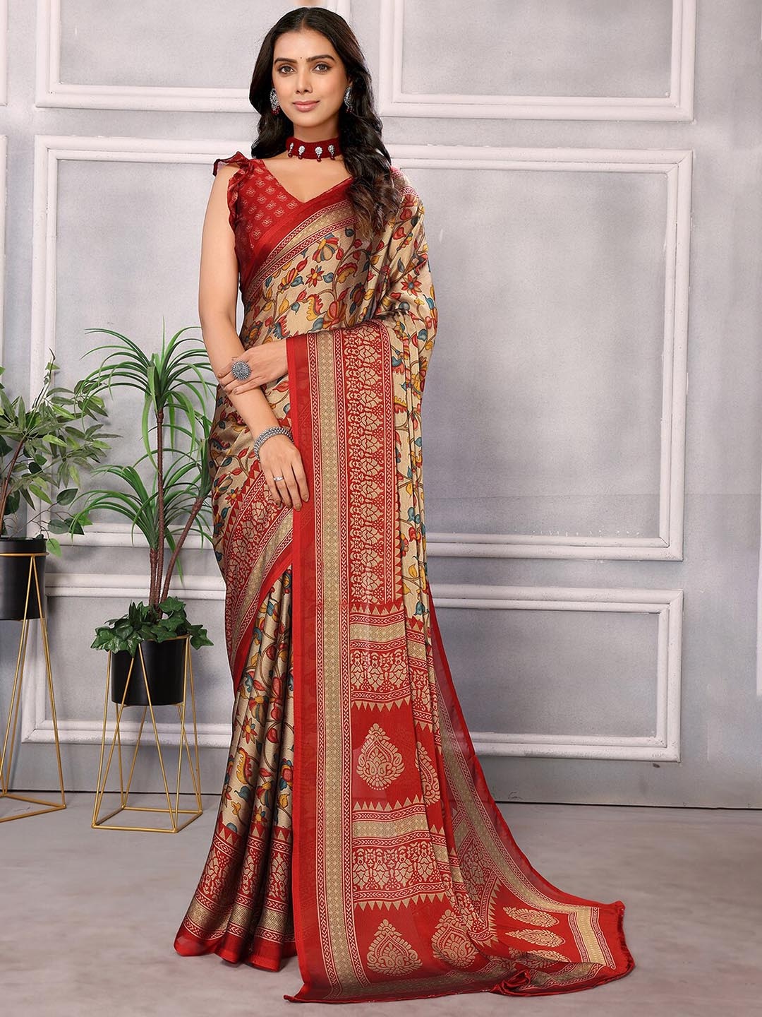 

HERE&NOW Floral Printed Pure Chiffon Saree, Red