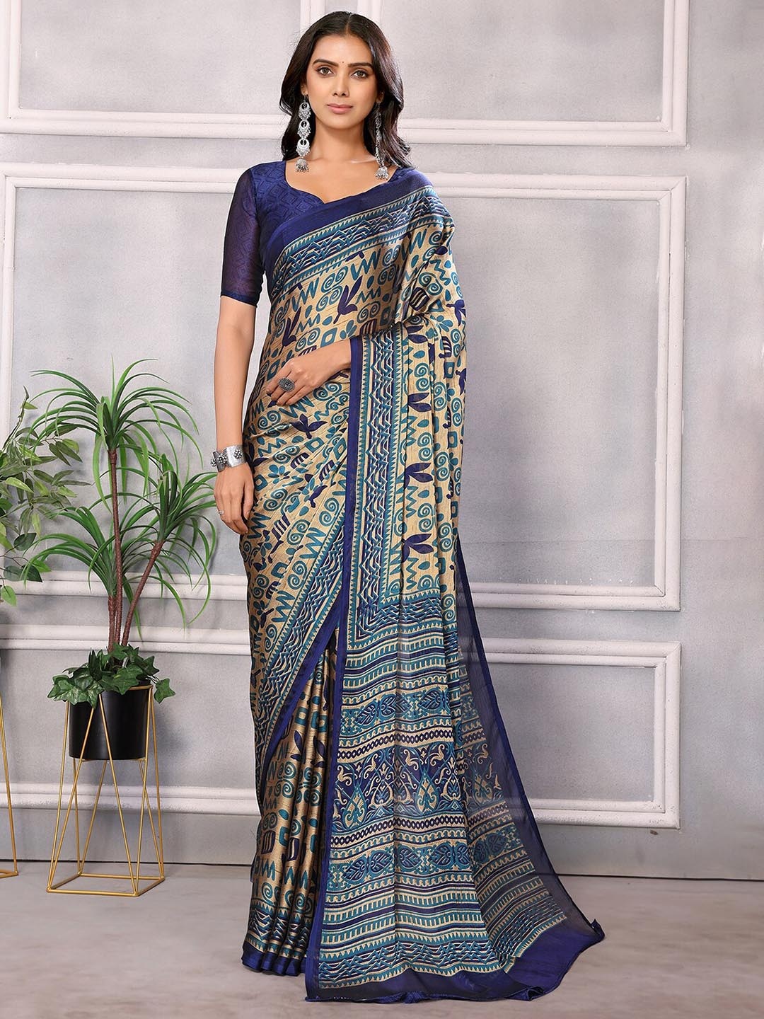 

HERE&NOW Navy Blue & Cream-Coloured Ethnic Motifs Printed Pure Chiffon Saree