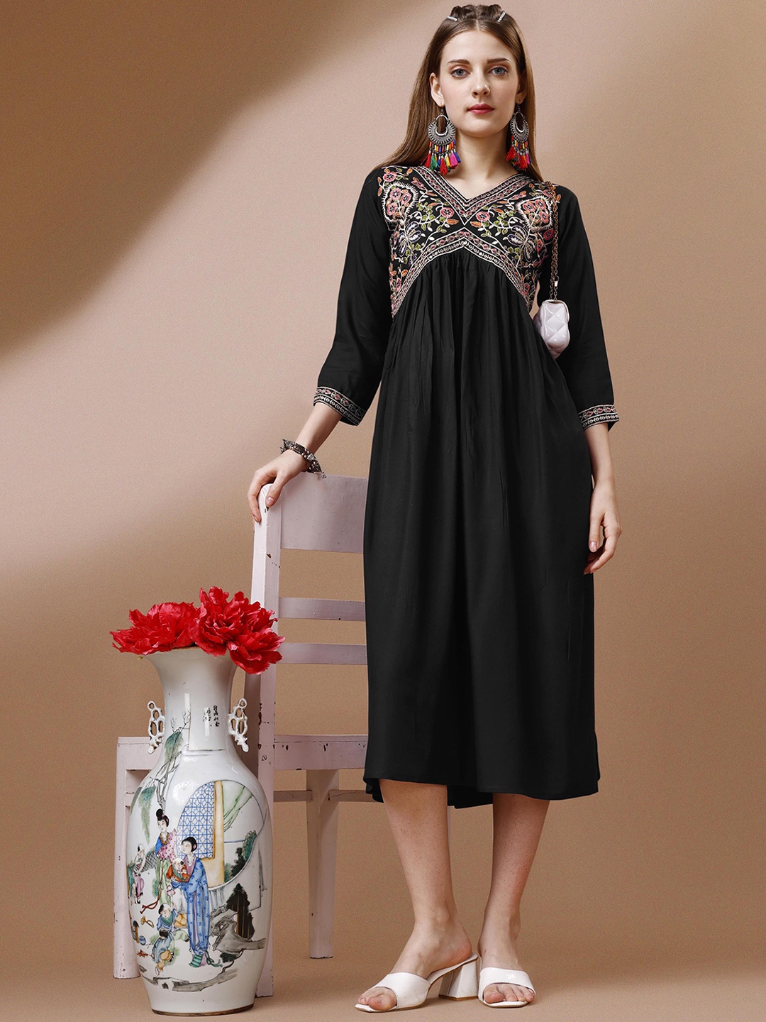 

FabFairy Floral Embroidered Empire Midi Ethnic Dress, Black