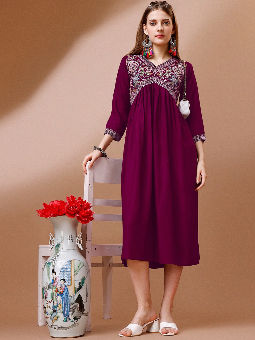 

FabFairy Floral Embroidered V-Neck A-Line Ethnic Dress, Purple