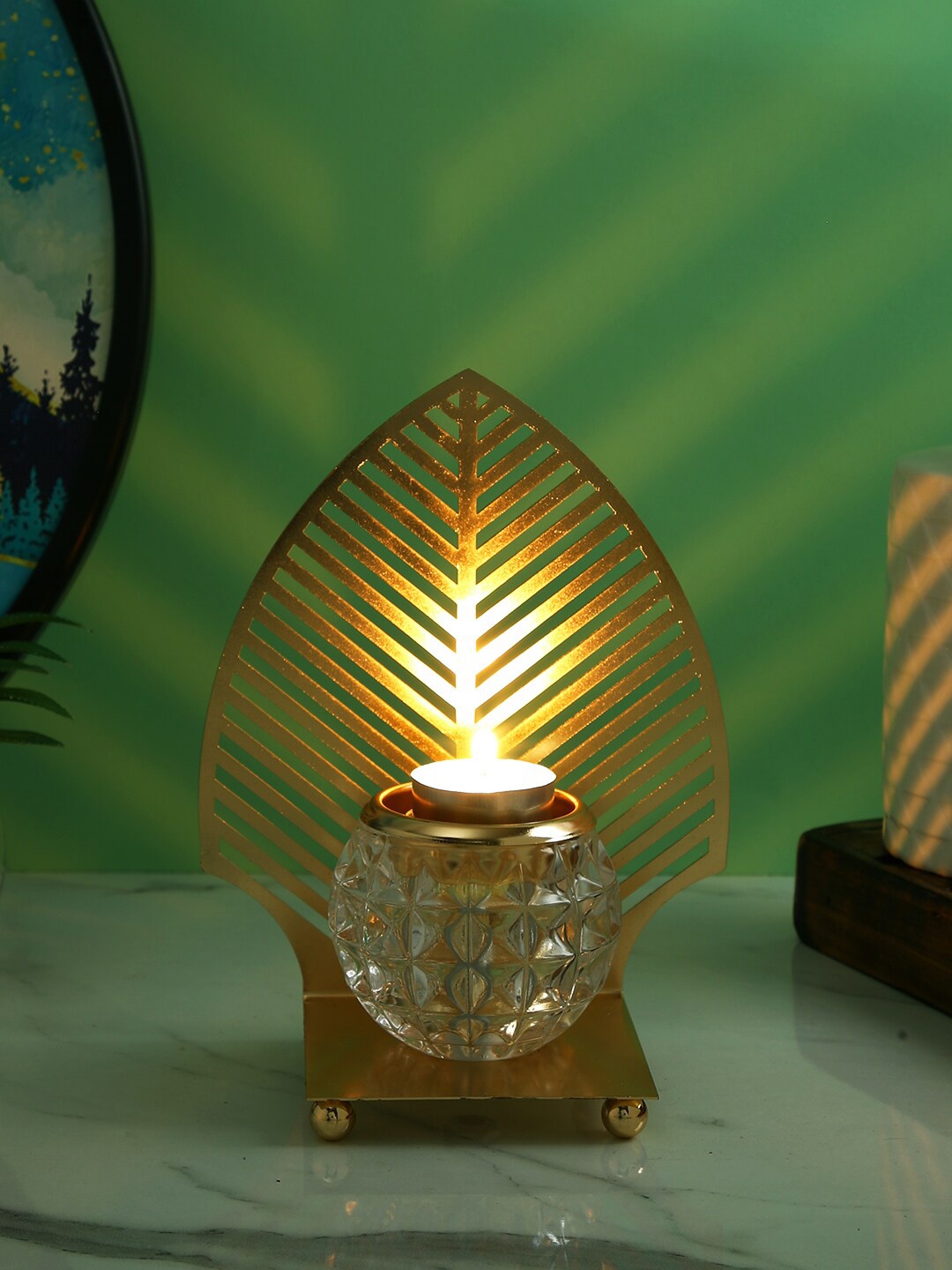 

TAYHAA Gold Toned Transparent Textured Leaf Metal Glass Candle Holder