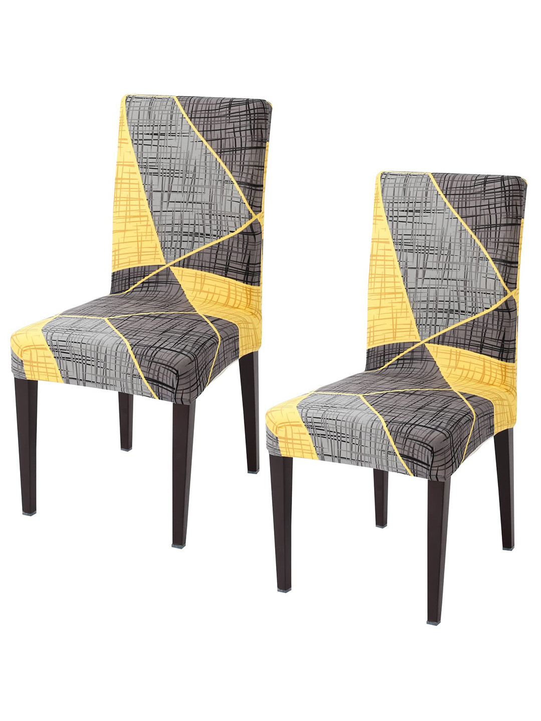 

HOKIPO 2 Pcs Grey & Yellow Abstract Printed Stretchable Chair Covers