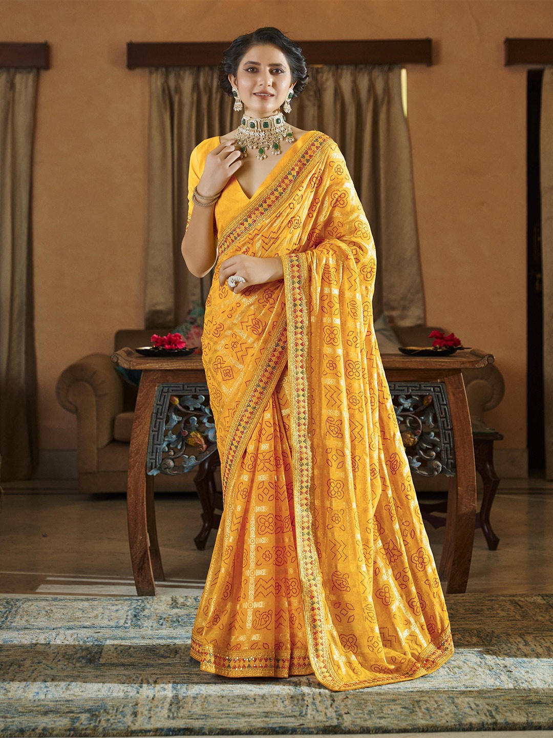 

RAJGRANTH Bandhani Printed Pure Georgette Saree, Yellow