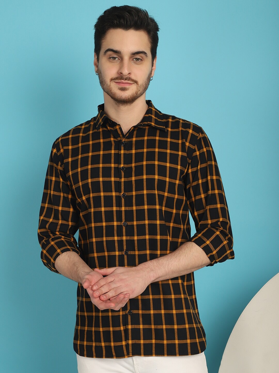 

Vanguard Premium Windowpane Checked Oxford Weave Pure Cotton Casual Shirt, Black