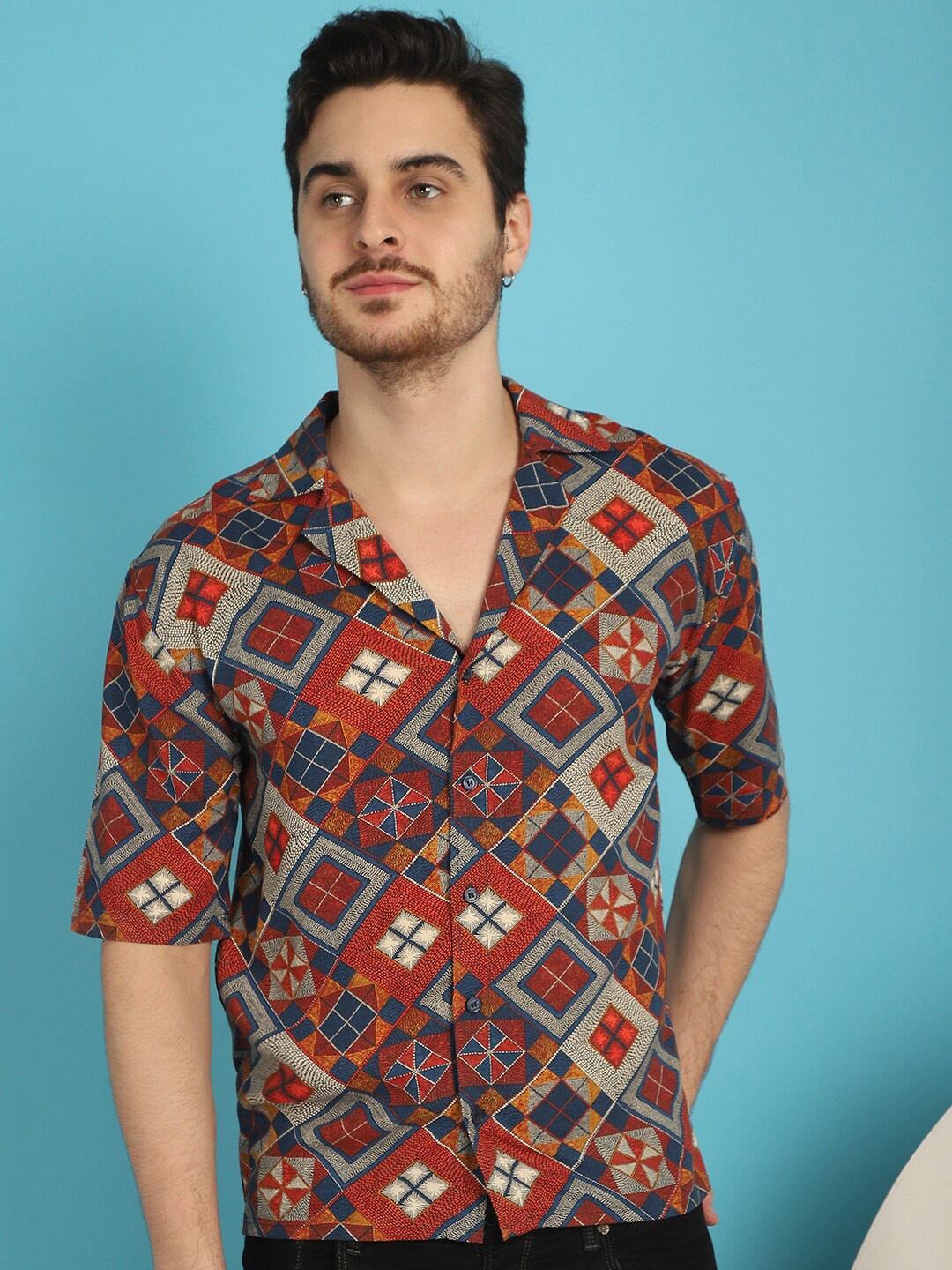 

Vanguard Relaxed Fit Ethnic Motifs Printed Cuban Collar Casual Shirt, Red