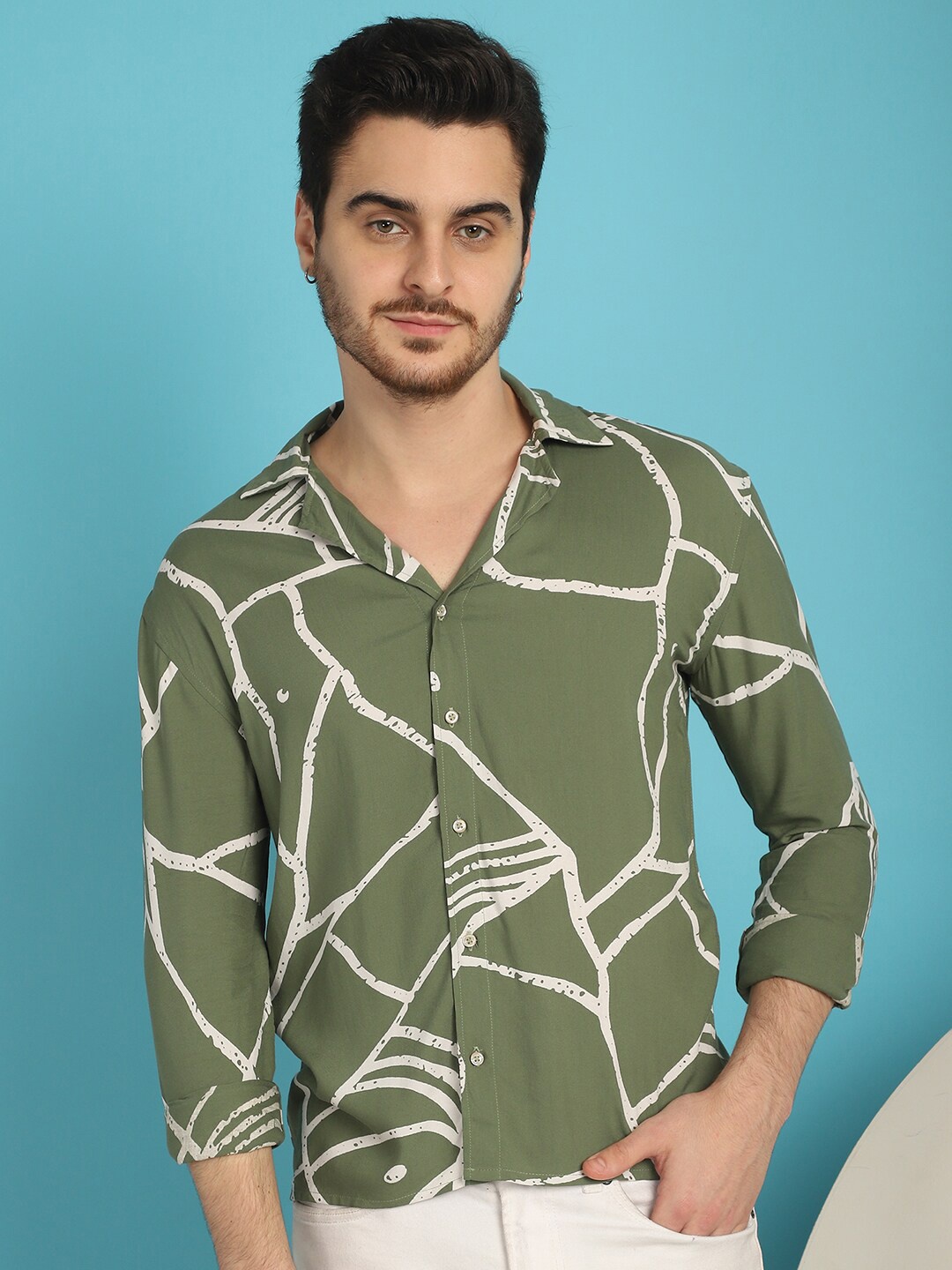 

Vanguard Comfort Abstract Printed Cuban Collar Casual Shirt, Green