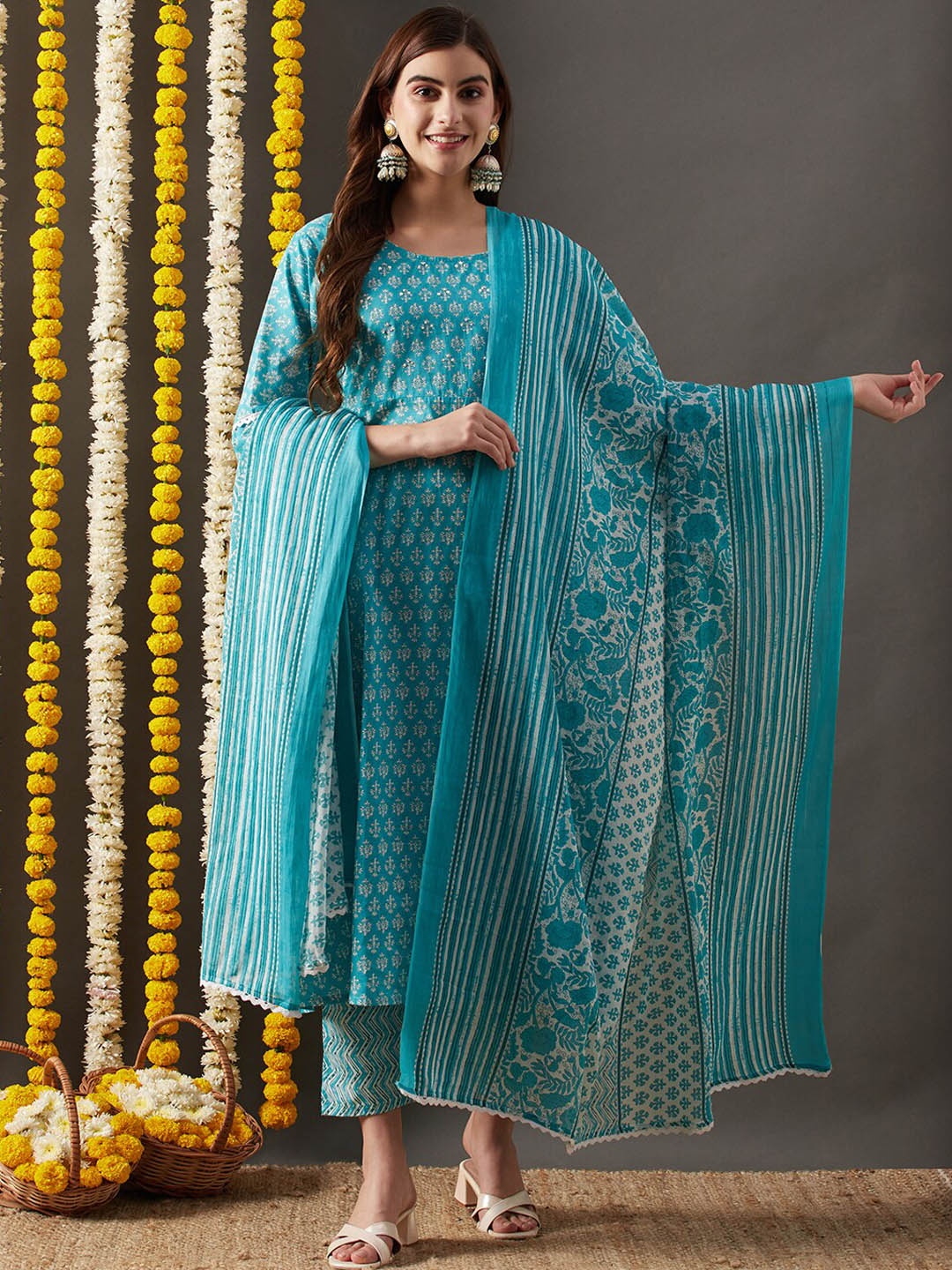 

Mitera Blue Floral Printed Sequined Pure Cotton A-Line Kurta With Trouser & Dupatta