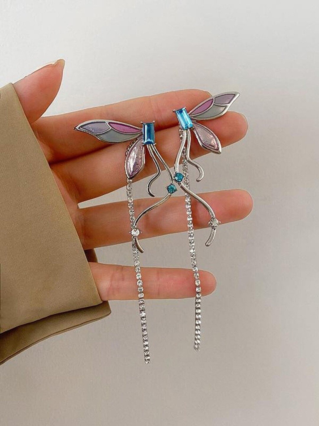 

VAGHBHATT Stone-Studded Contemporary Butterfly Wings Drop Earrings, Silver