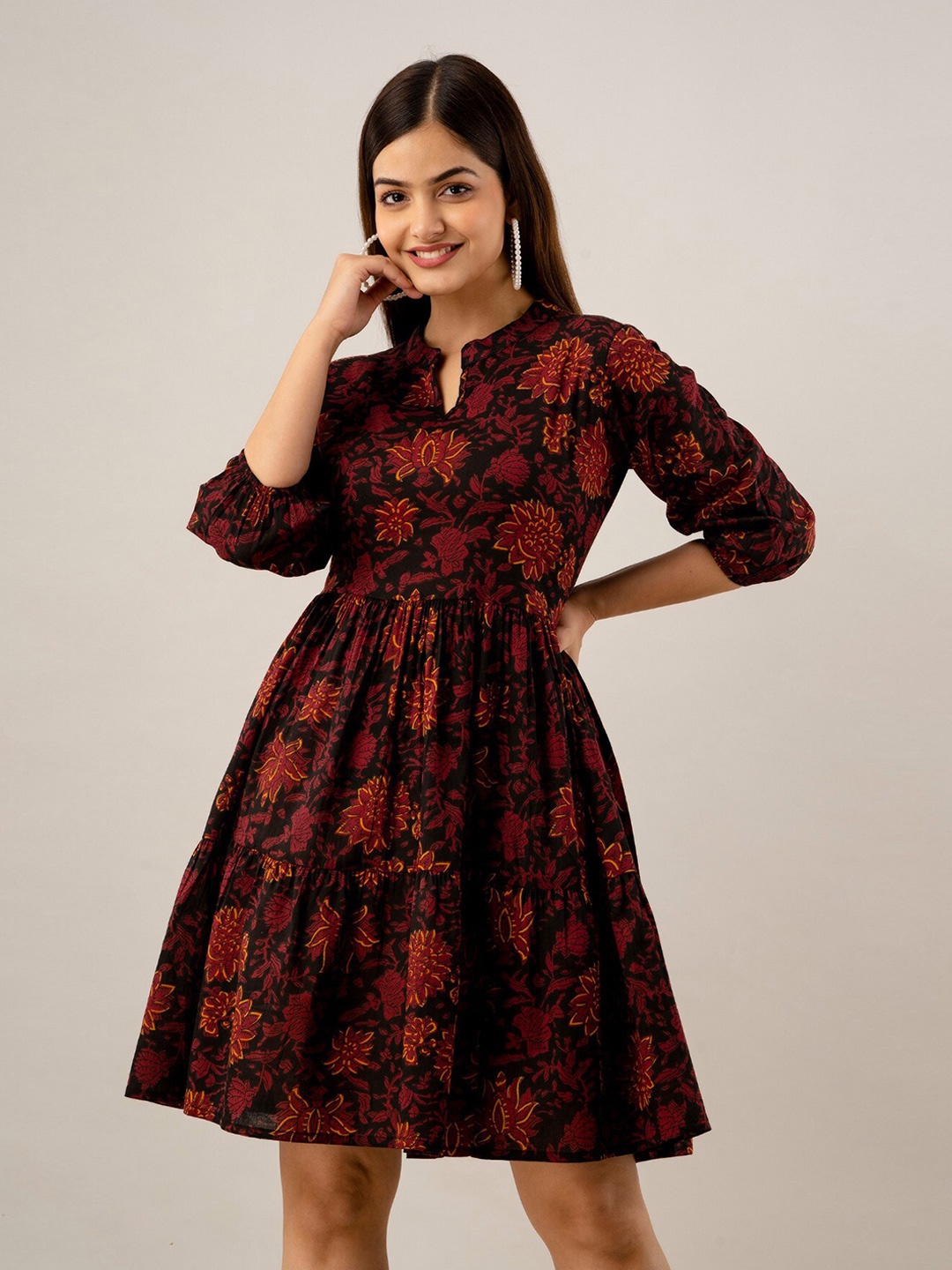 

BAESD Floral Printed Tiered Pure Cotton Fit & Flare Dress, Black