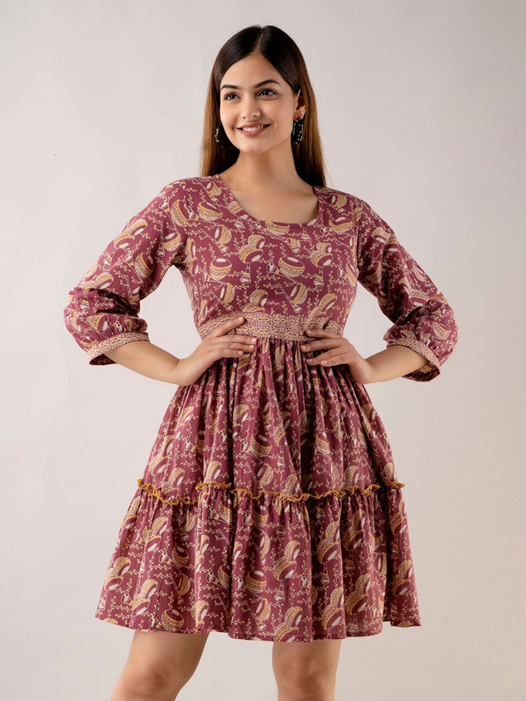 

BAESD Abstract Printed Tiered Pure Cotton Fit & Flare Dress, Maroon