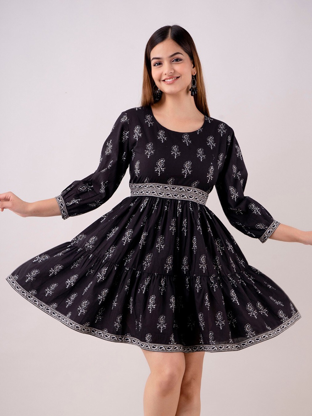 

BAESD Floral Printed Pure Cotton Fit & Flare Dress, Black