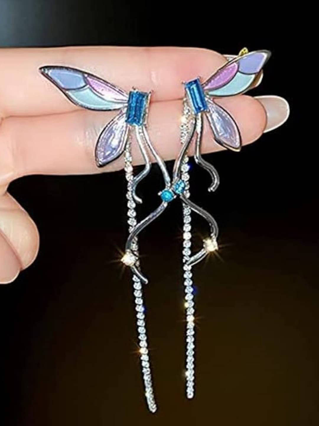 

FIMBUL Stone-Studded Butterfly Wings Drop Earrings, Blue