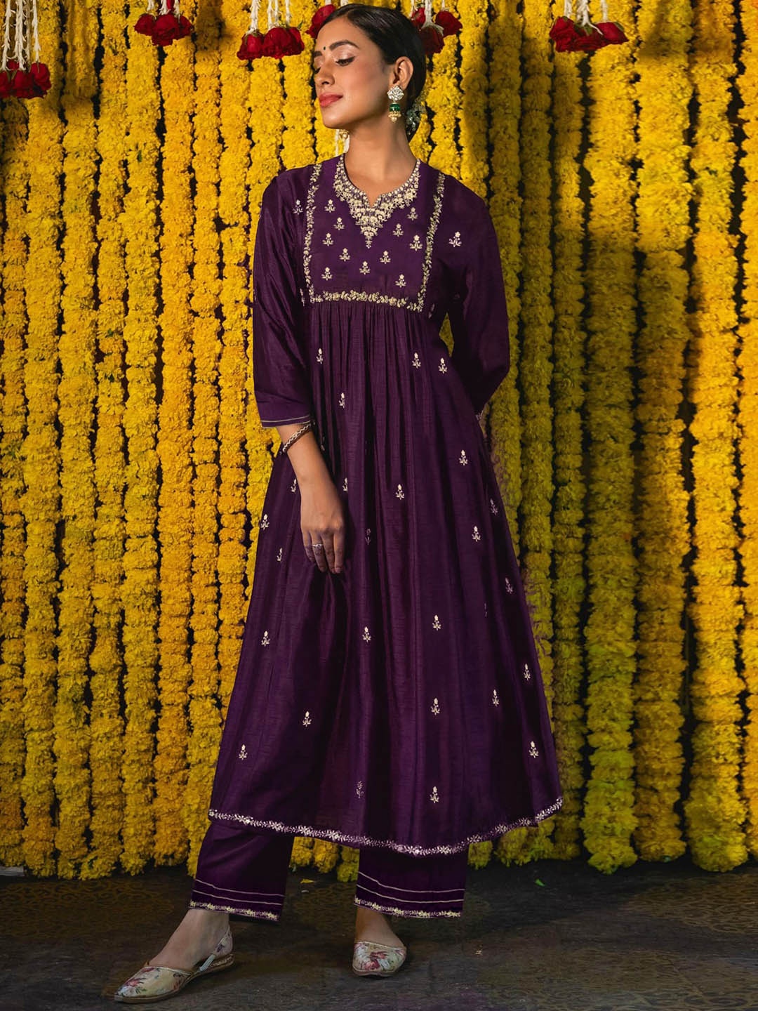 

Sangria Purple Floral Embroidered Anarkali Kurat With Trousers & Dupatta