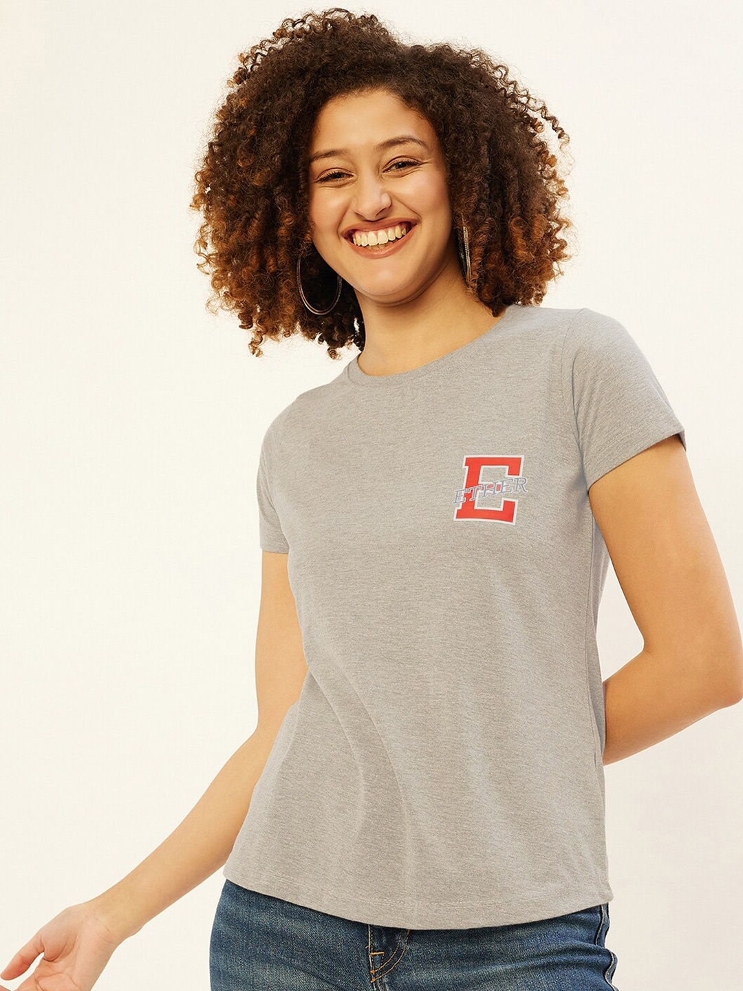 

ether Brand Logo Printed Cotton Regular Fit T-shirt, Grey