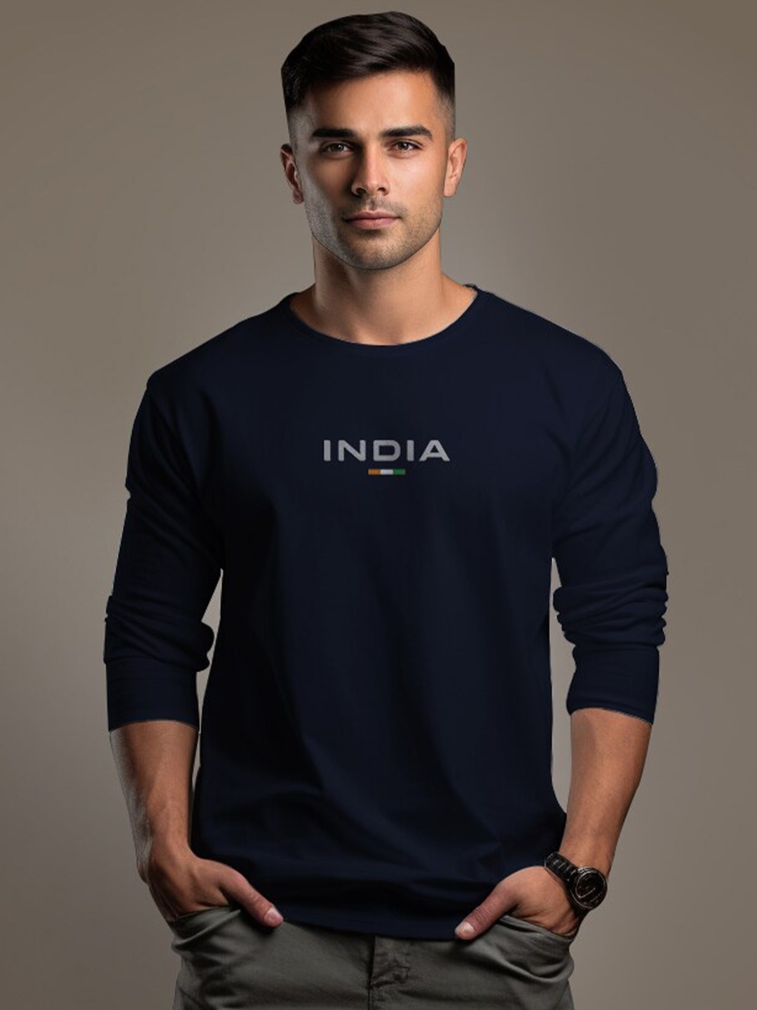 

Aero Armour Unisex India Tricolour Printed Long Sleeves Cotton T-shirt, Navy blue