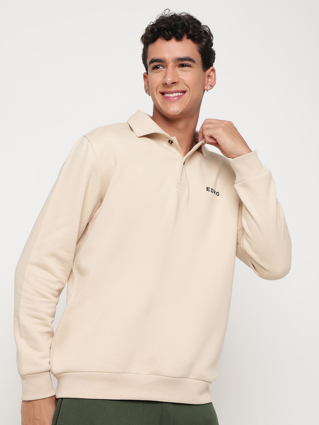

EDRIO Brand Logo Printed Long Sleeves Fleece Polo T-shirt, Coffee brown