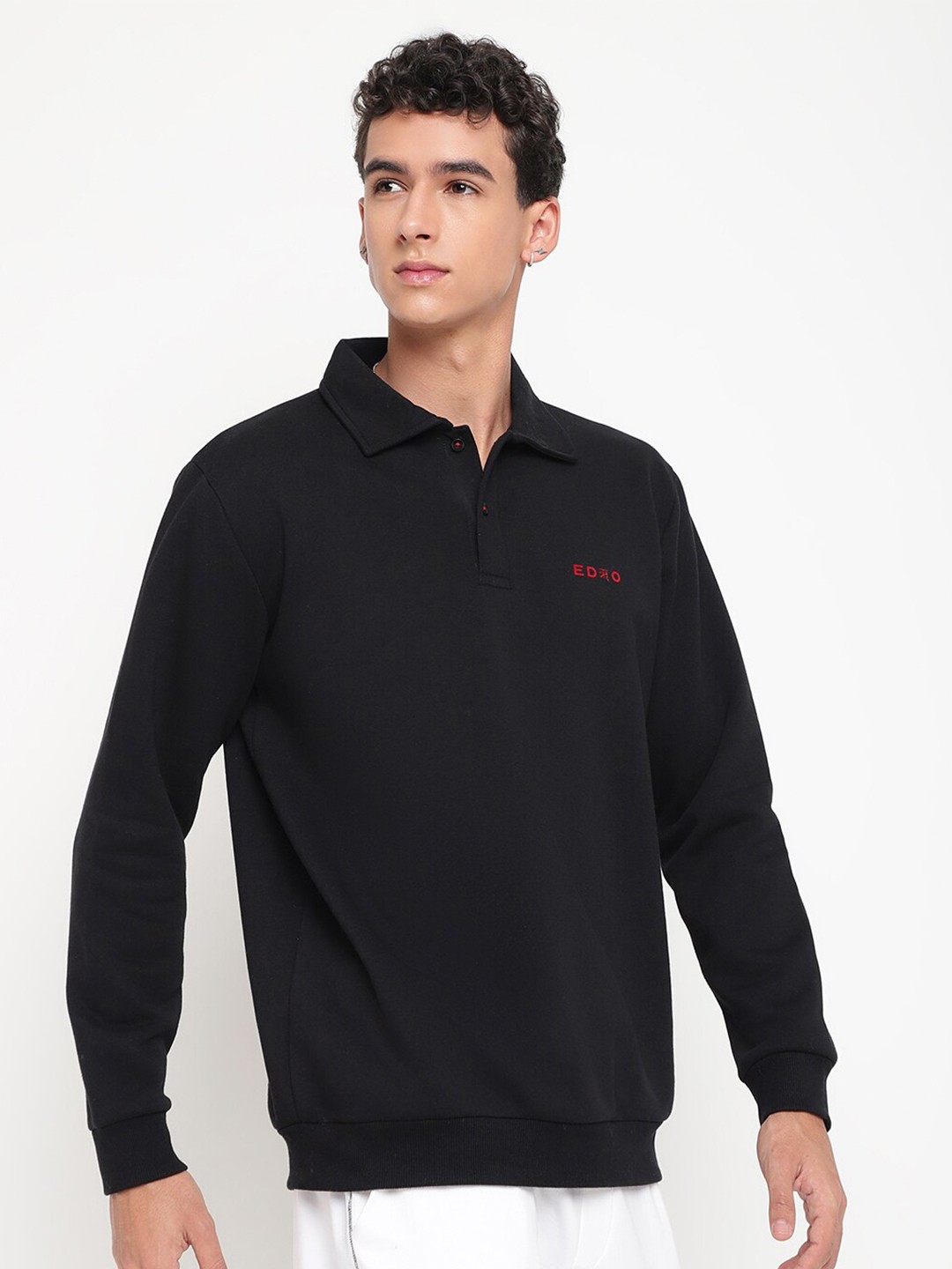 

EDRIO Full Sleeves Fleece Polo T-shirt, Black