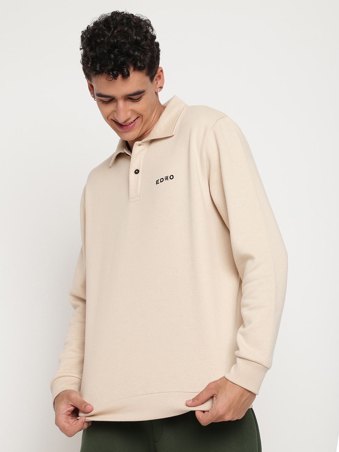 

EDRIO Full Sleeves Fleece Polo T-shirt, Off white