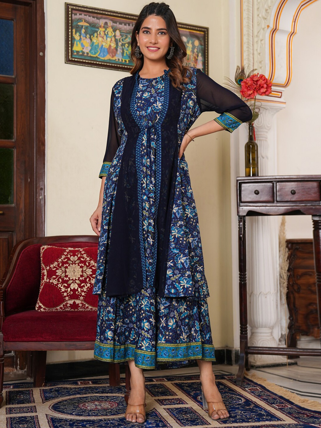 

YASH GALLERY Floral Printed A-Line Midi Dress With Jacket, Blue