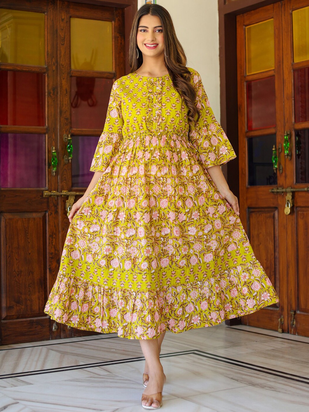

YASH GALLERY Ethnic Motifs Printed Gathered Or Pleated Cotton A Line Dress, Green