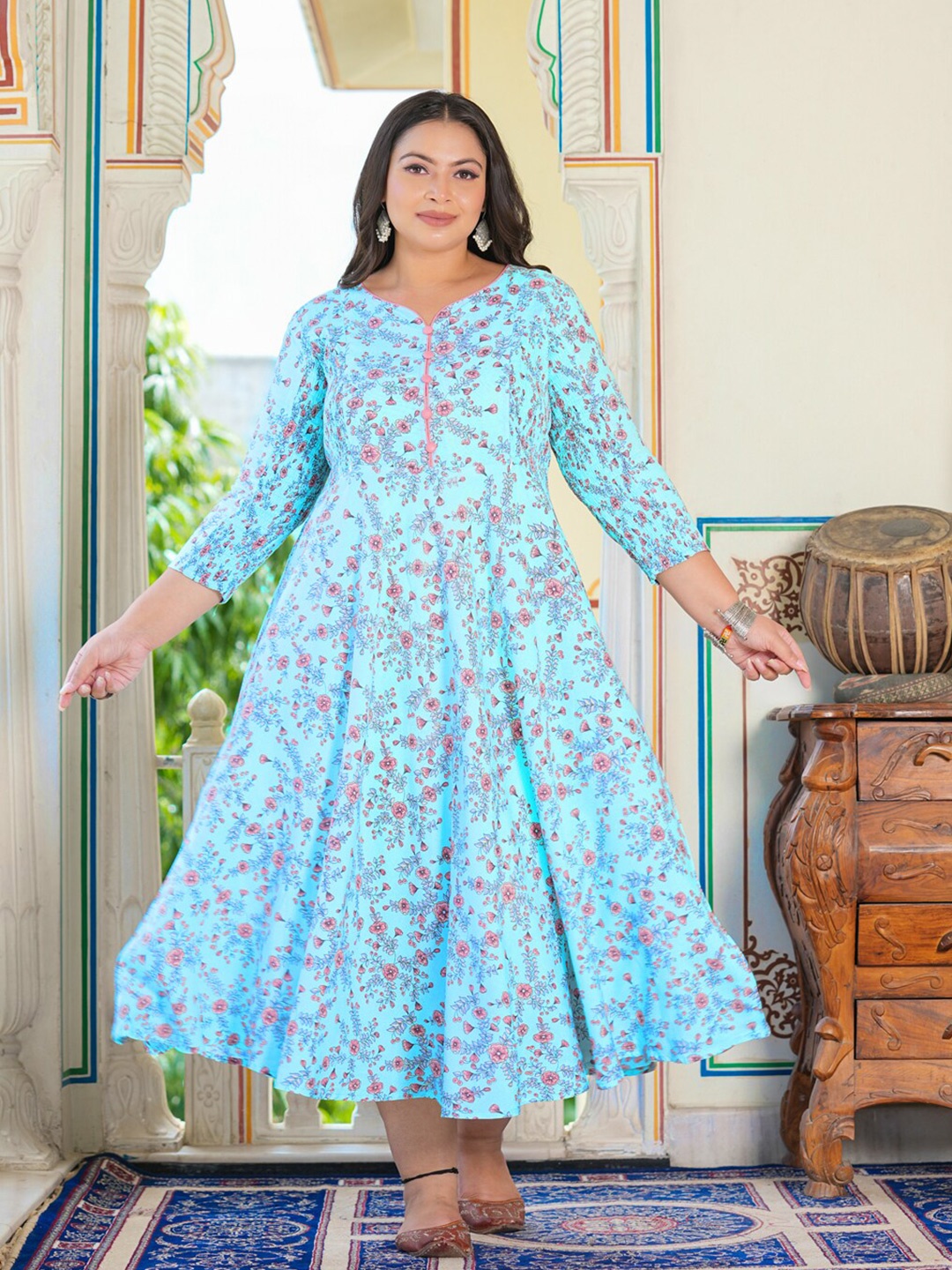 

Yash Gallery Women Stretchable Floral Printed Anarkali Dress, Blue