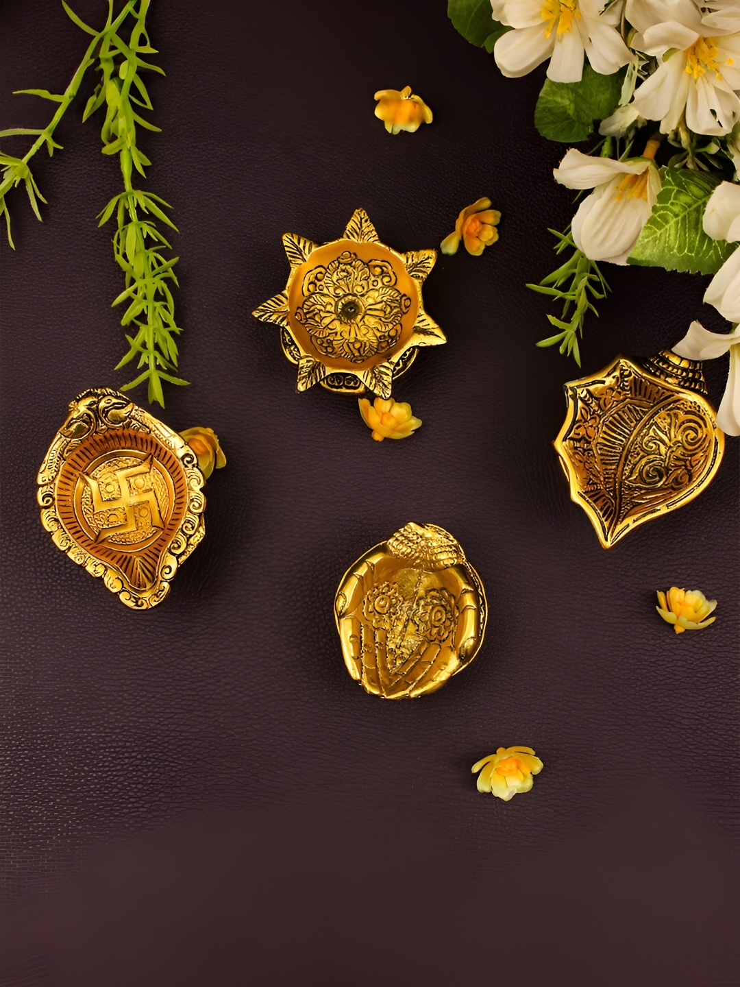 

Spillbox Gold-Toned Brass 4 Pieces Diya Pooja Essentials