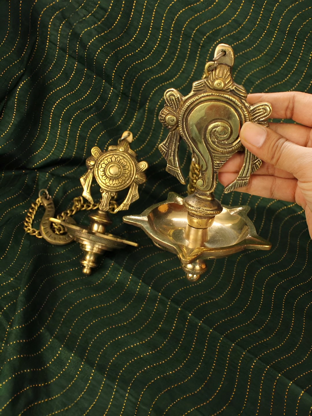 

Spillbox Gold-Toned 2 Pieces Brass Shangu Chakra Diyas Wall Hanging Pooja Essentials