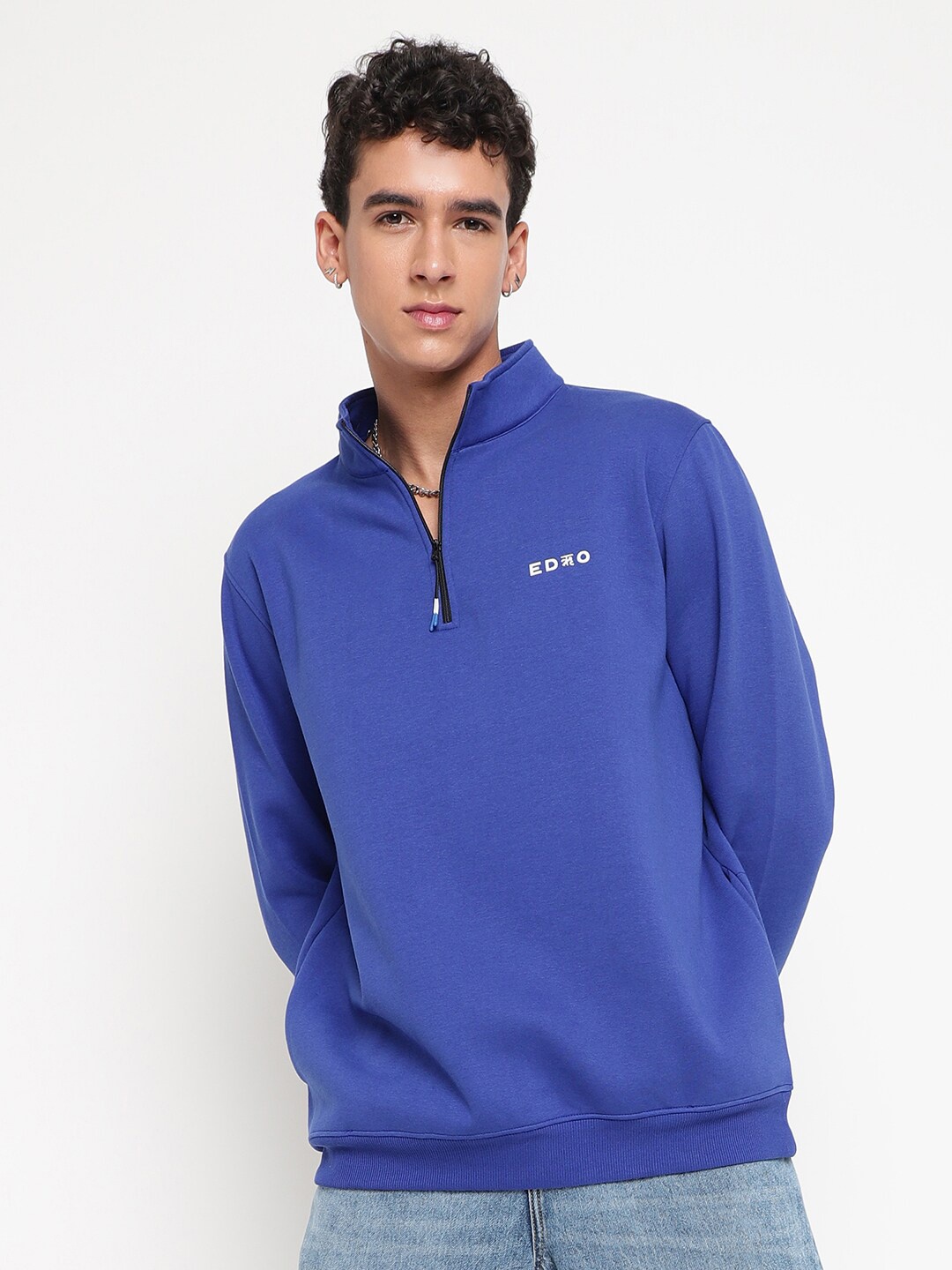 

EDRIO Mock Collar Long Sleeve Zip Detail Fleece Pullover Sweatshirt, Navy blue