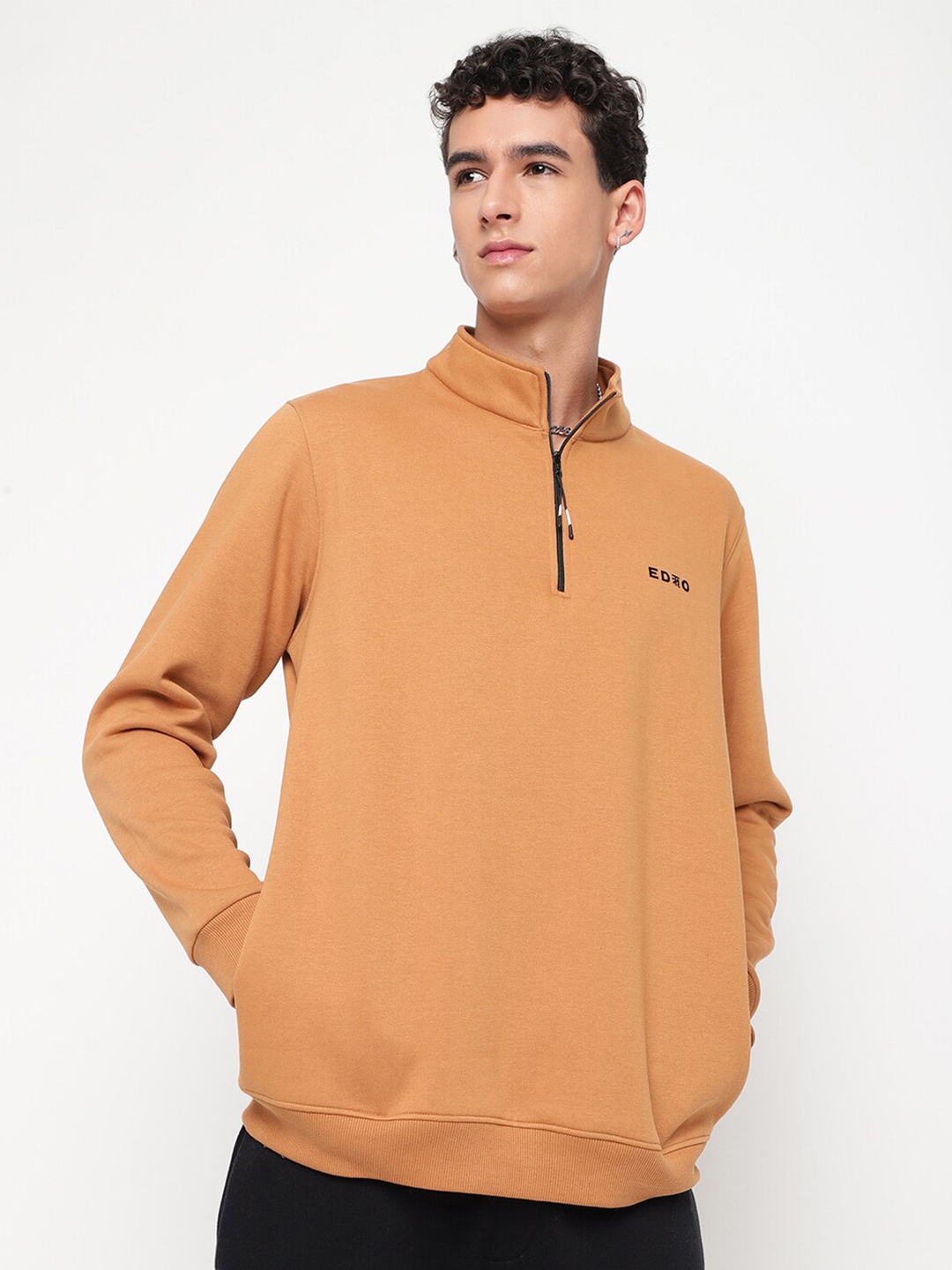 

EDRIO Mock Collar Half Zipper Long Sleeves Fleece Sweatshirt, Coffee brown