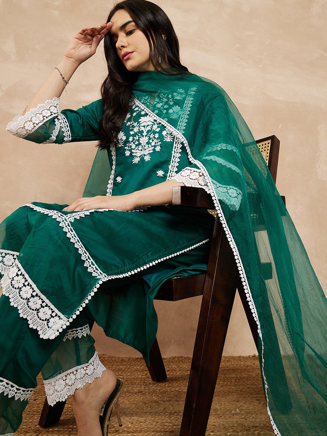 

all about you Ethnic Motifs Embroidered Liva Straight Kurta With Trousers & Dupatta, Teal