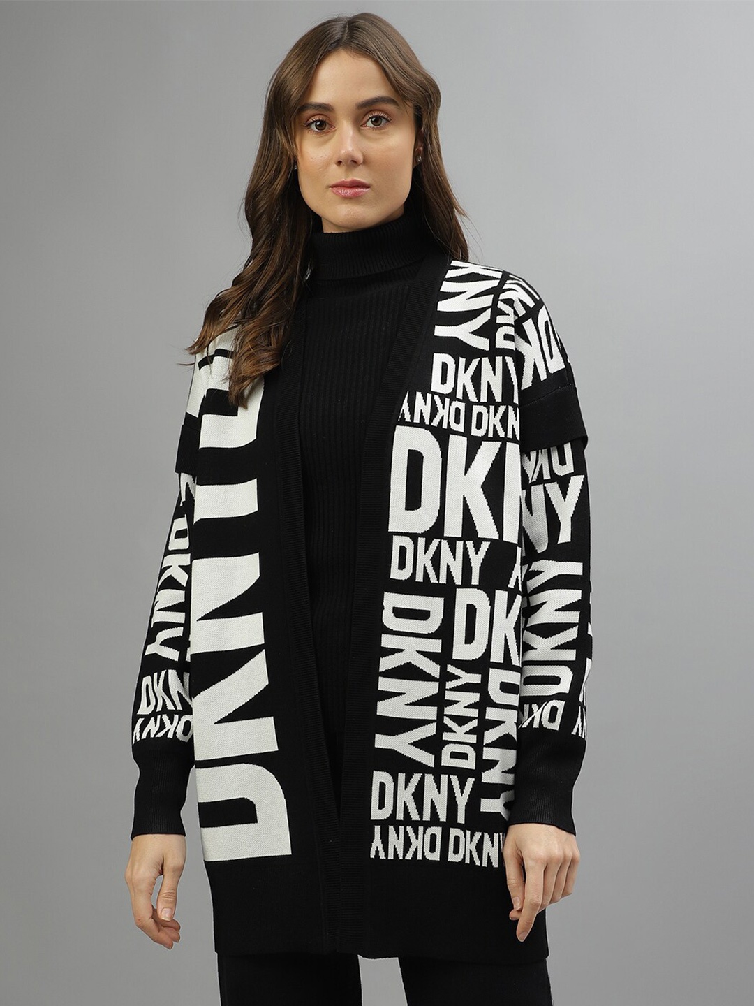 

DKNY Typography Printed Front Open Sweater, Black