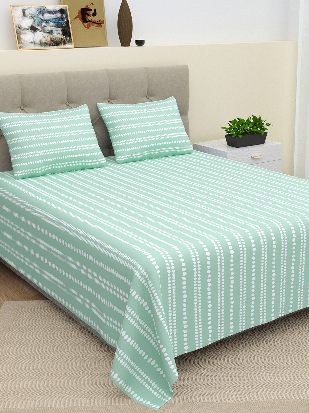 

BELLA CASA Green & White Striped Cotton 220 TC Super King Bedsheet & 2 Pillow Covers