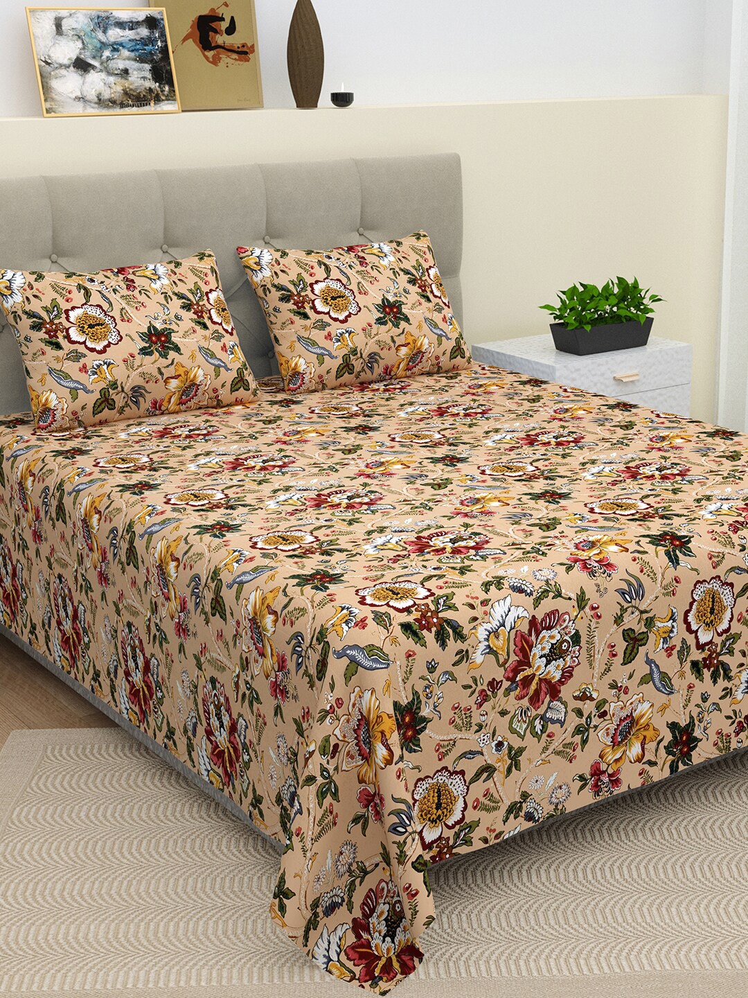 

BELLA CASA Stella Beige & Red Floral Pure Cotton 180 TC King Bedsheet with 2 Pillow Covers