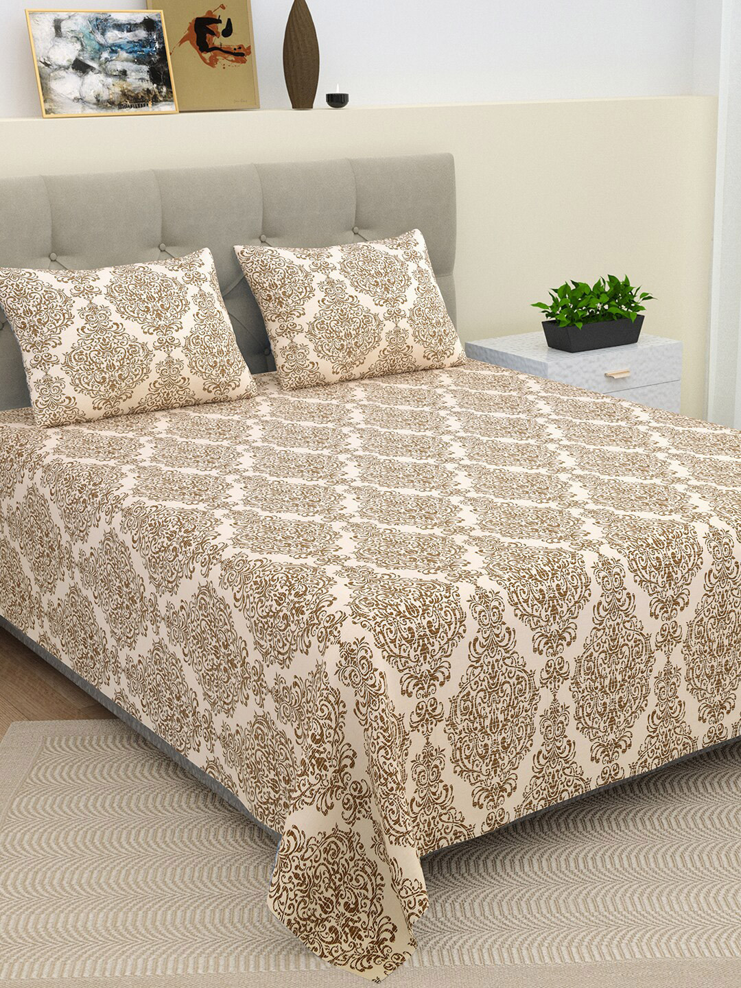 

BELLA CASA lorient Cream EthnicMotifs Cotton 220TC King Bedsheet with 2 Pillow Covers