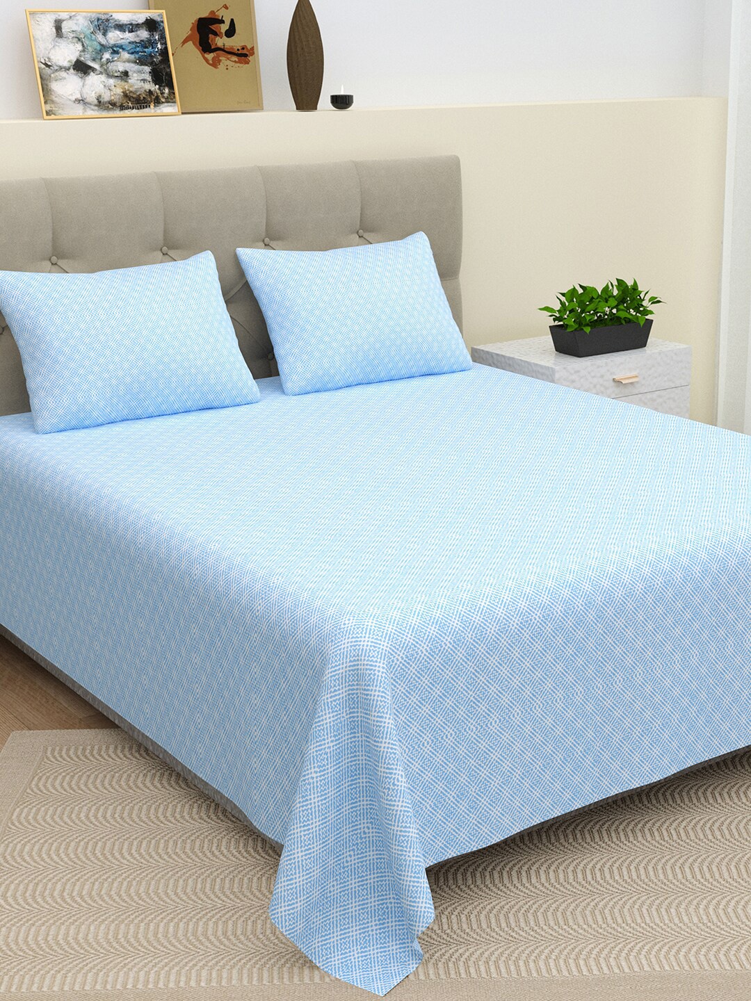 

BELLA CASA Blue & White Geometric Cotton 220 TC King Bedsheet with 2 Pillow Covers