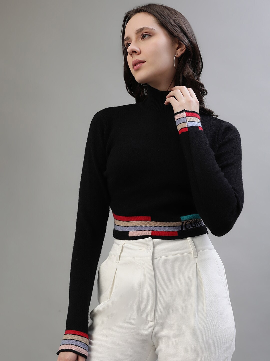

Iconic Striped Turtle Neck Long Sleeves Crop Pullover Sweater, Black
