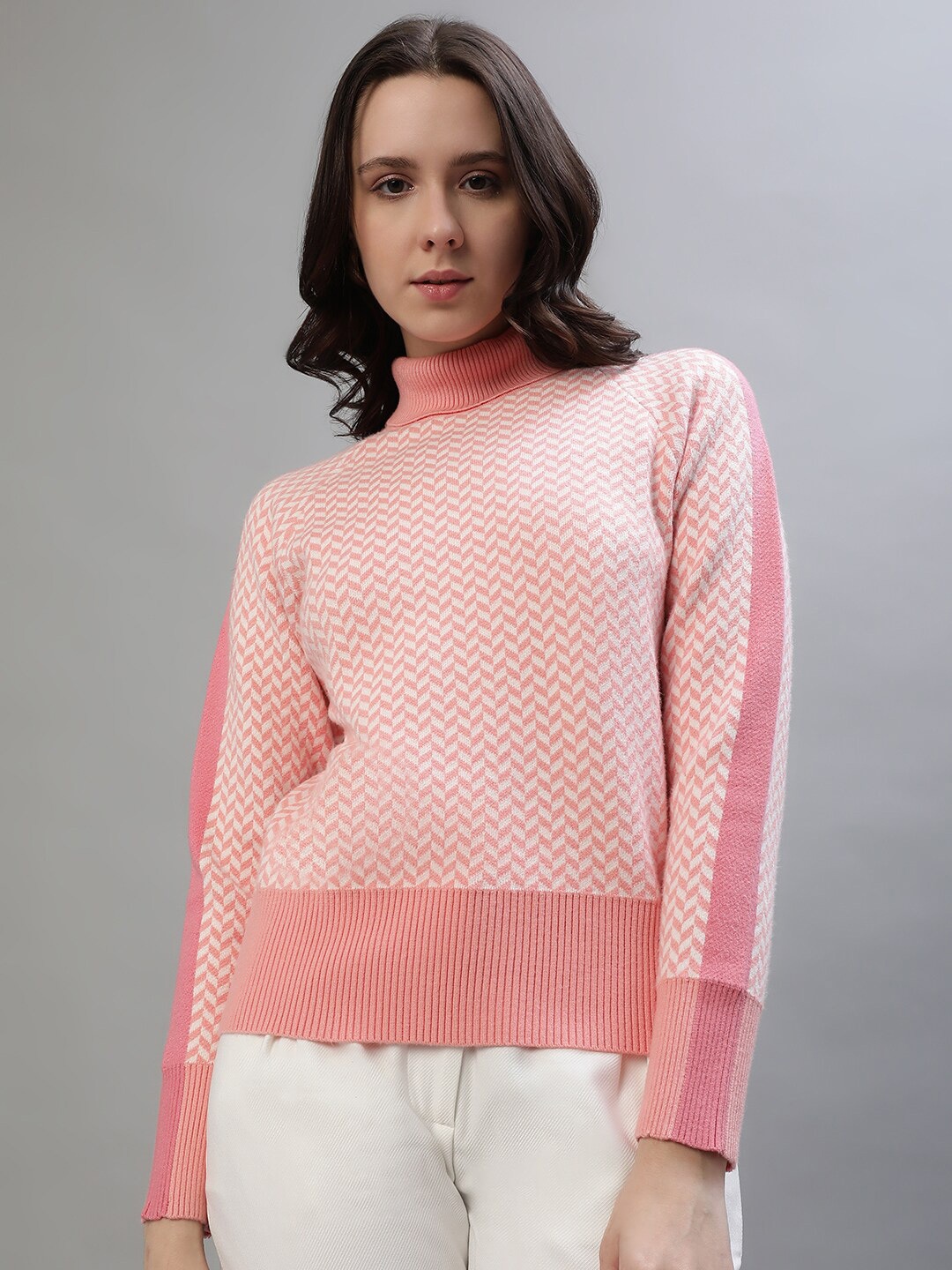 

Iconic Printed Turtle Neck Cotton Pullover Sweater, Pink