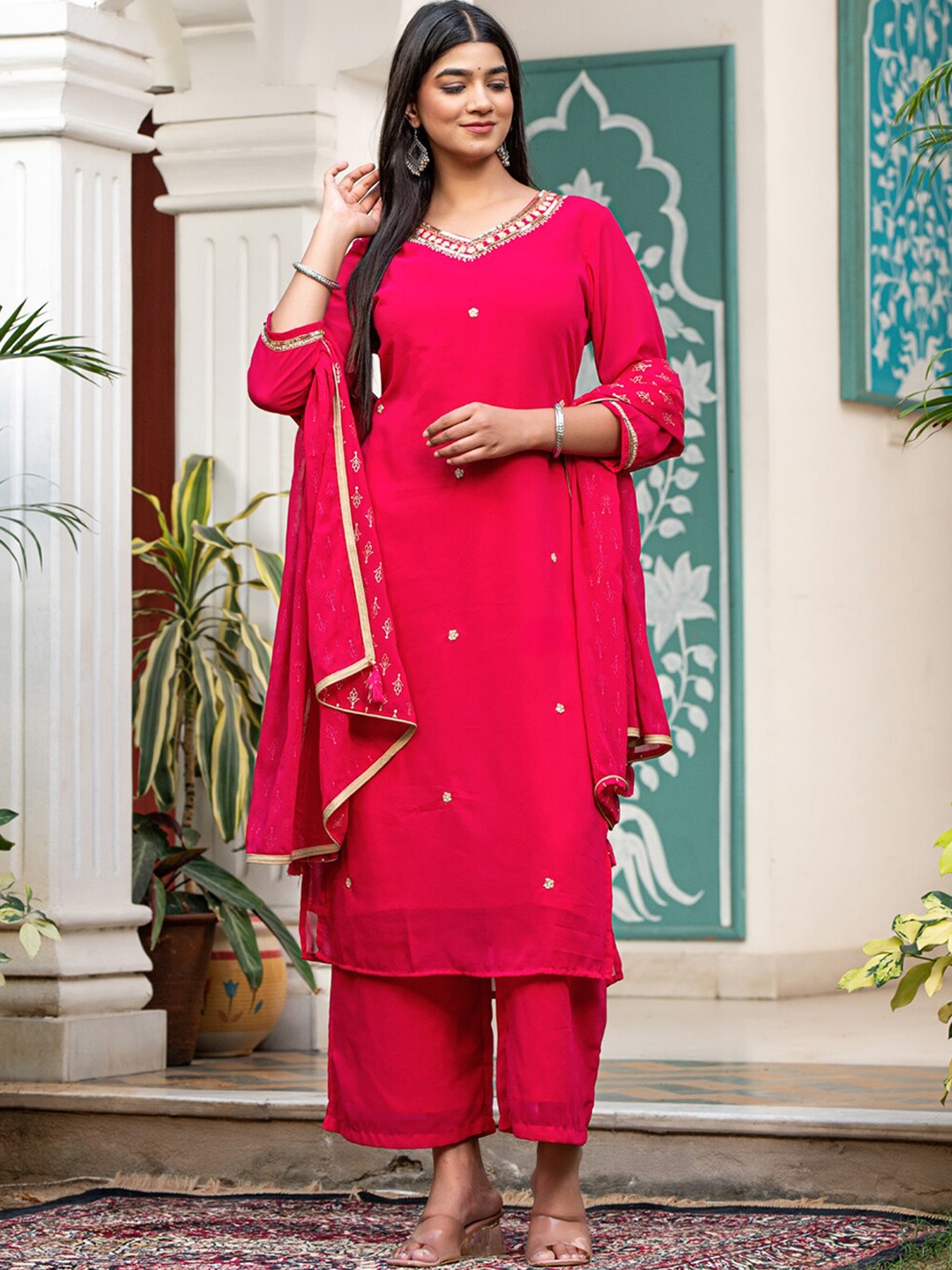

BAESD Floral Embroidered Beads and Stones Kurta & Trousers With Dupatta, Pink