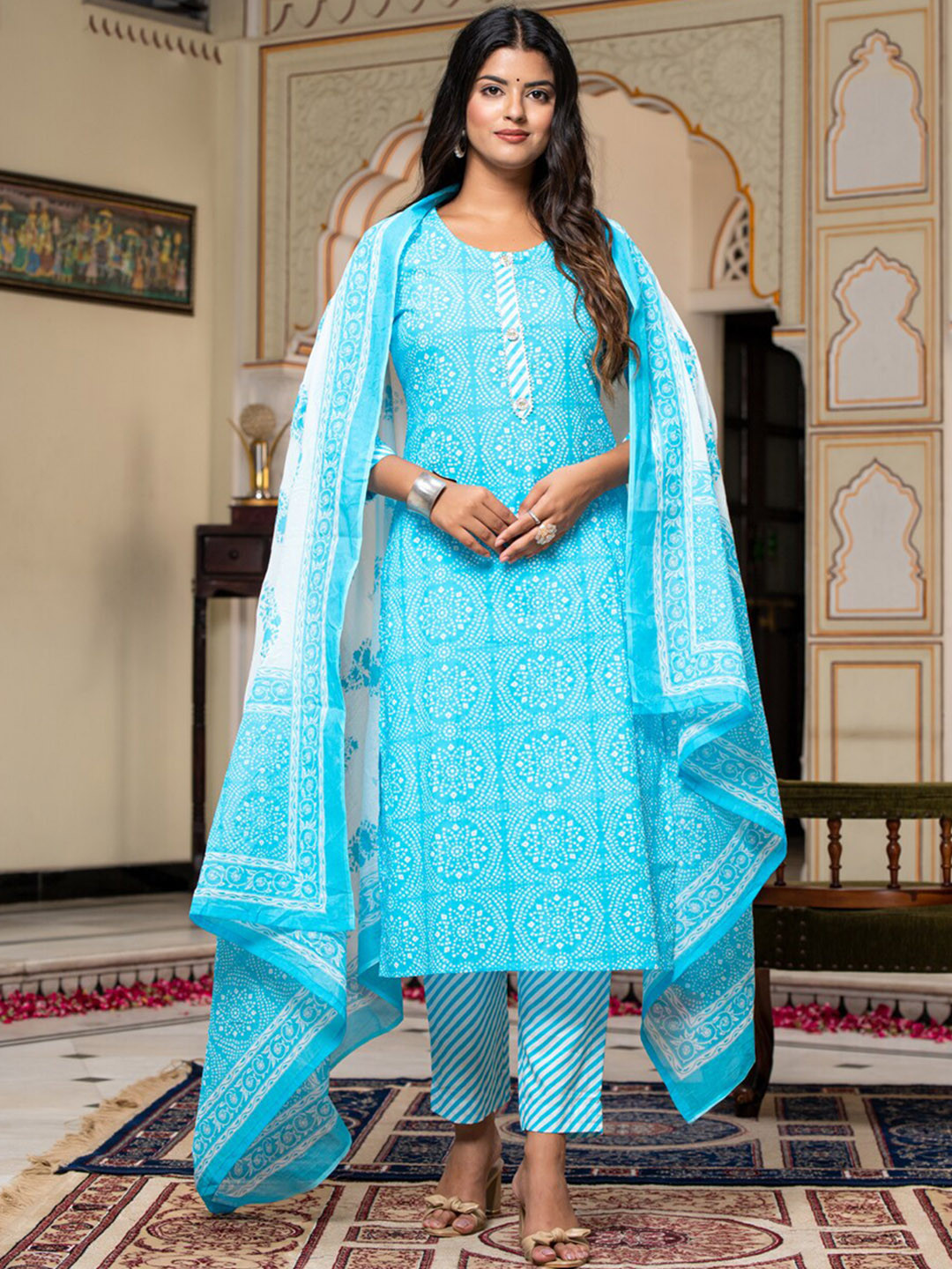 

BAESD Bandhani Printed Pure Cotton Regular Kurta with Trousers & With Dupatta, Blue