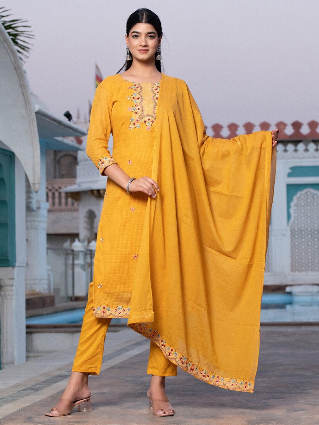 

BAESD Floral Embroidered Mirror Work Kurta With Trousers & Dupatta, Yellow