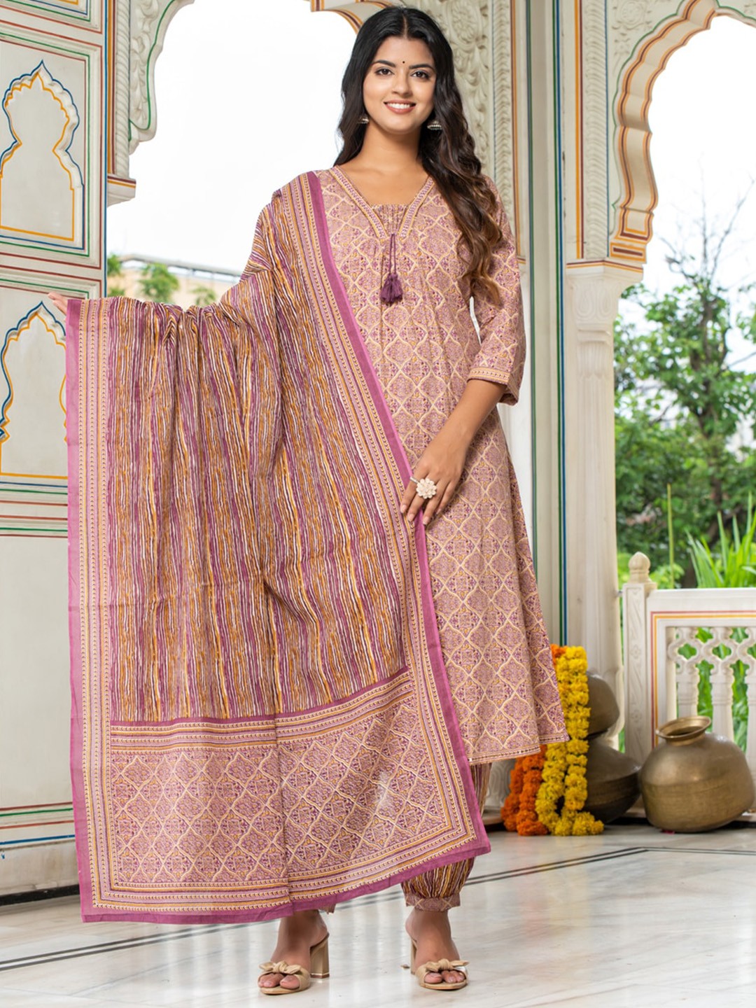 

BAESD Ethnic Motifs Printed Regular Pure Cotton Kurta With Salwar & Dupatta, Purple