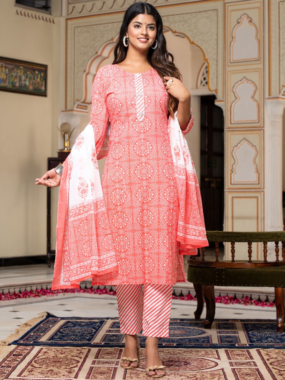 

BAESD Bandhani Printed Gotta Patti Pure Cotton Straight Kurta With Trousers & Dupatta, Pink